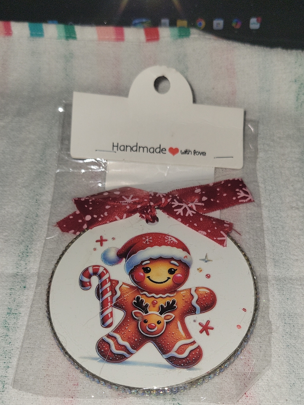 Handmade Red Gingerbread Holiday Ornament with Bow